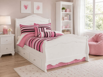 White sleigh storage bed with built-in drawers in a bright girls' bedroom setting.