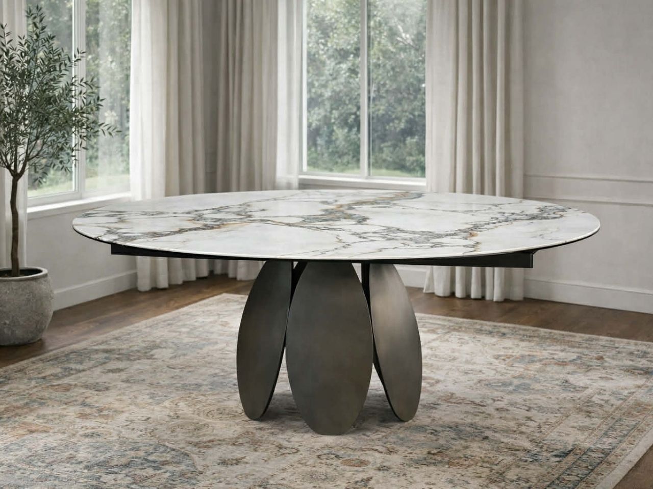 FORMA Dining Table with Magellano Ceramic Top and Bronze Base in Calgary