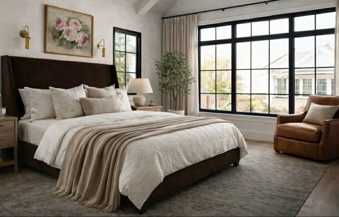Neatly arranged bedroom with a large bed, armchair, and large windows.