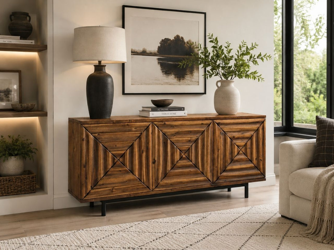 Rustic wood sideboard featuring geometric panel doors and warm natural character.