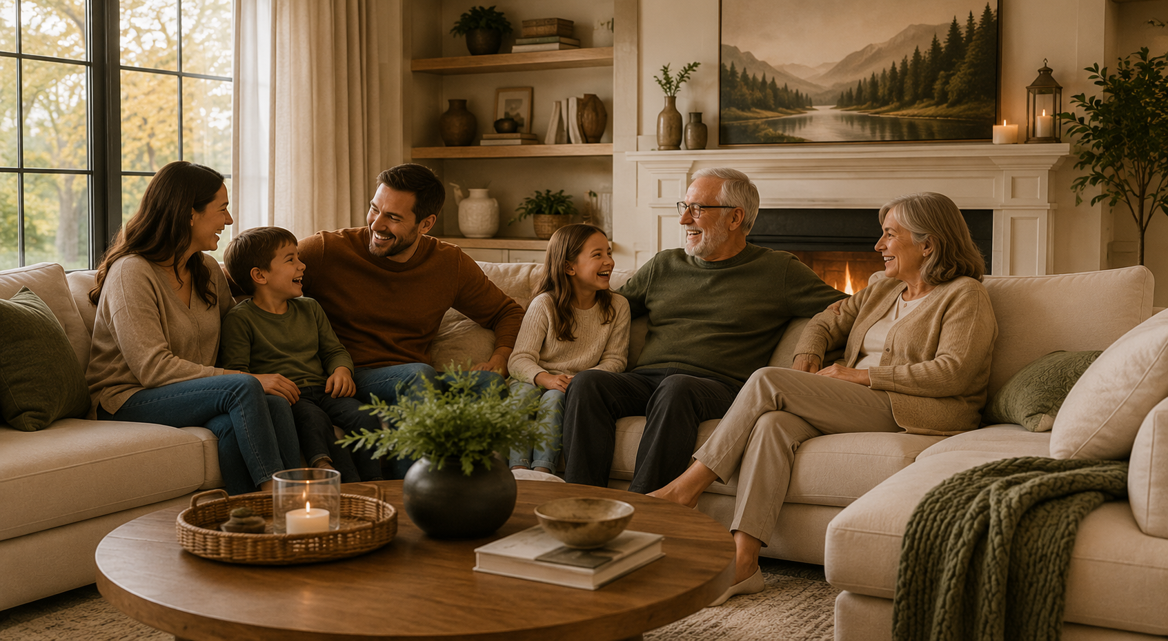 A family of five sits together on cream-colored sofas in a cozy, warmly lit living room with a fireplace, wooden coffee table, and home decor.