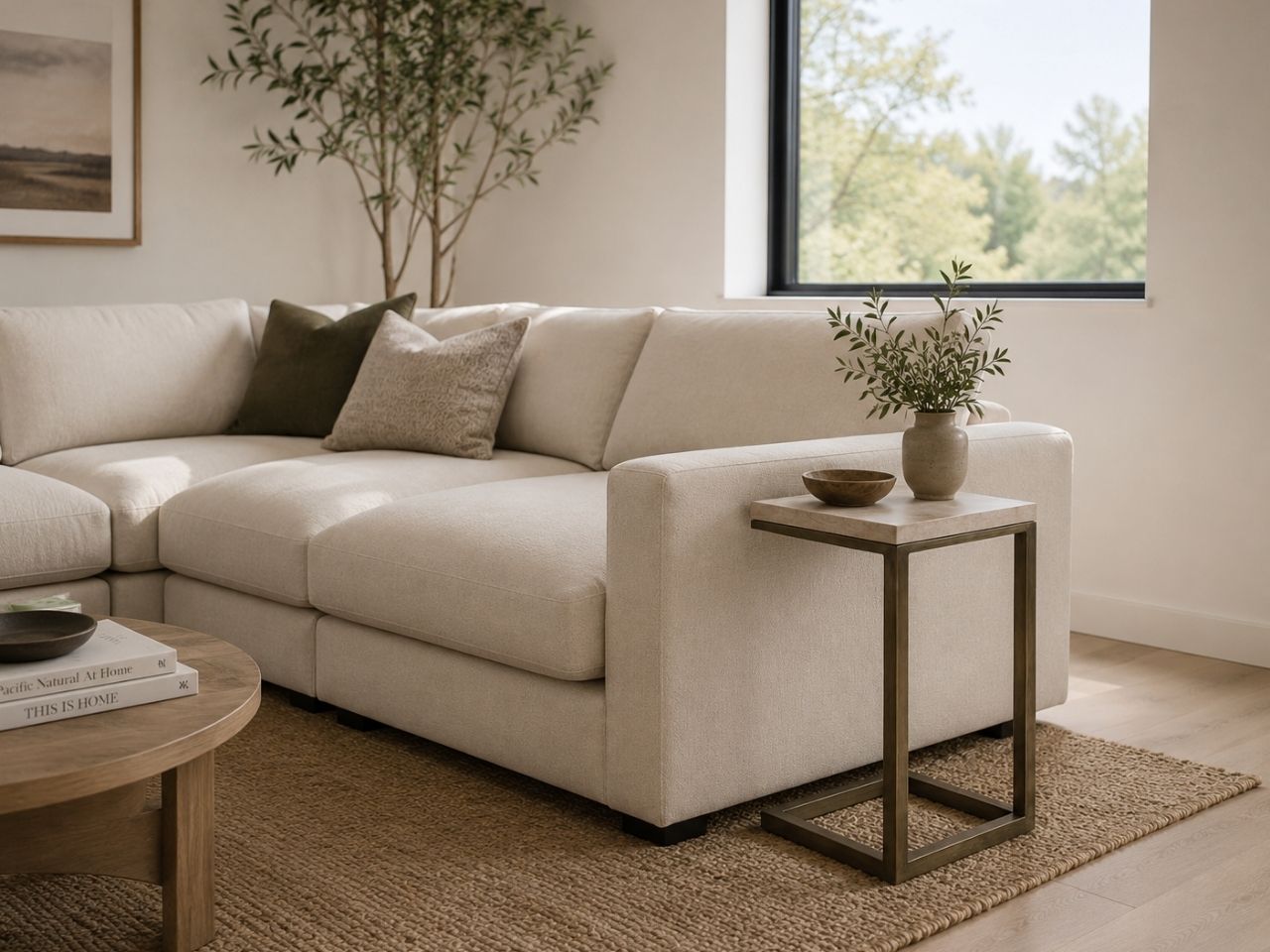 Light brown C-shaped side table with a metal frame, styled beside a cream sectional in a modern neutral living room.