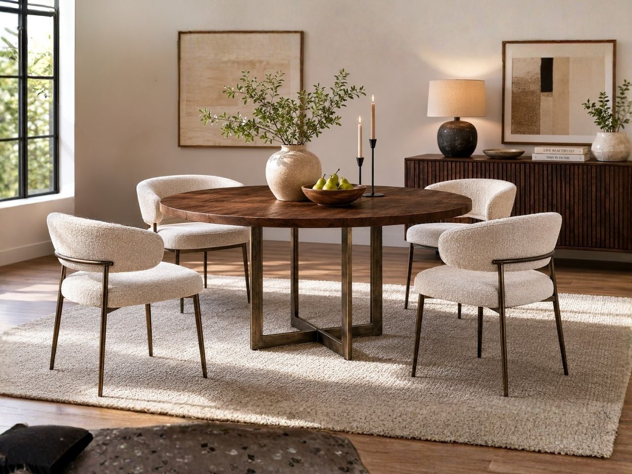 Round medium-brown wood dining table with four cream upholstered chairs in a warm contemporary dining room.