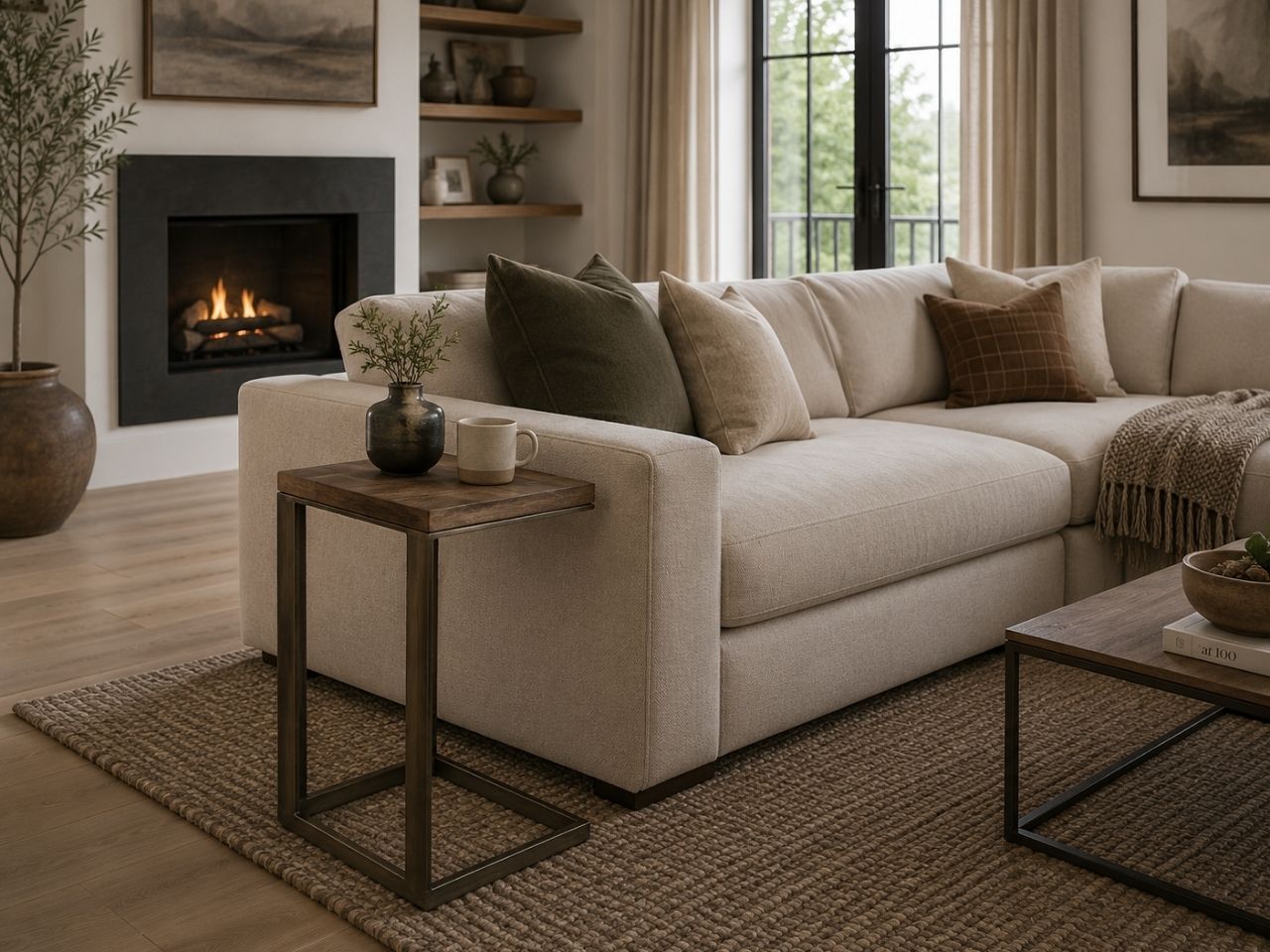 Medium brown C-shaped side table with a metal frame, styled beside a cream sectional in a cozy contemporary living room with a fireplace.