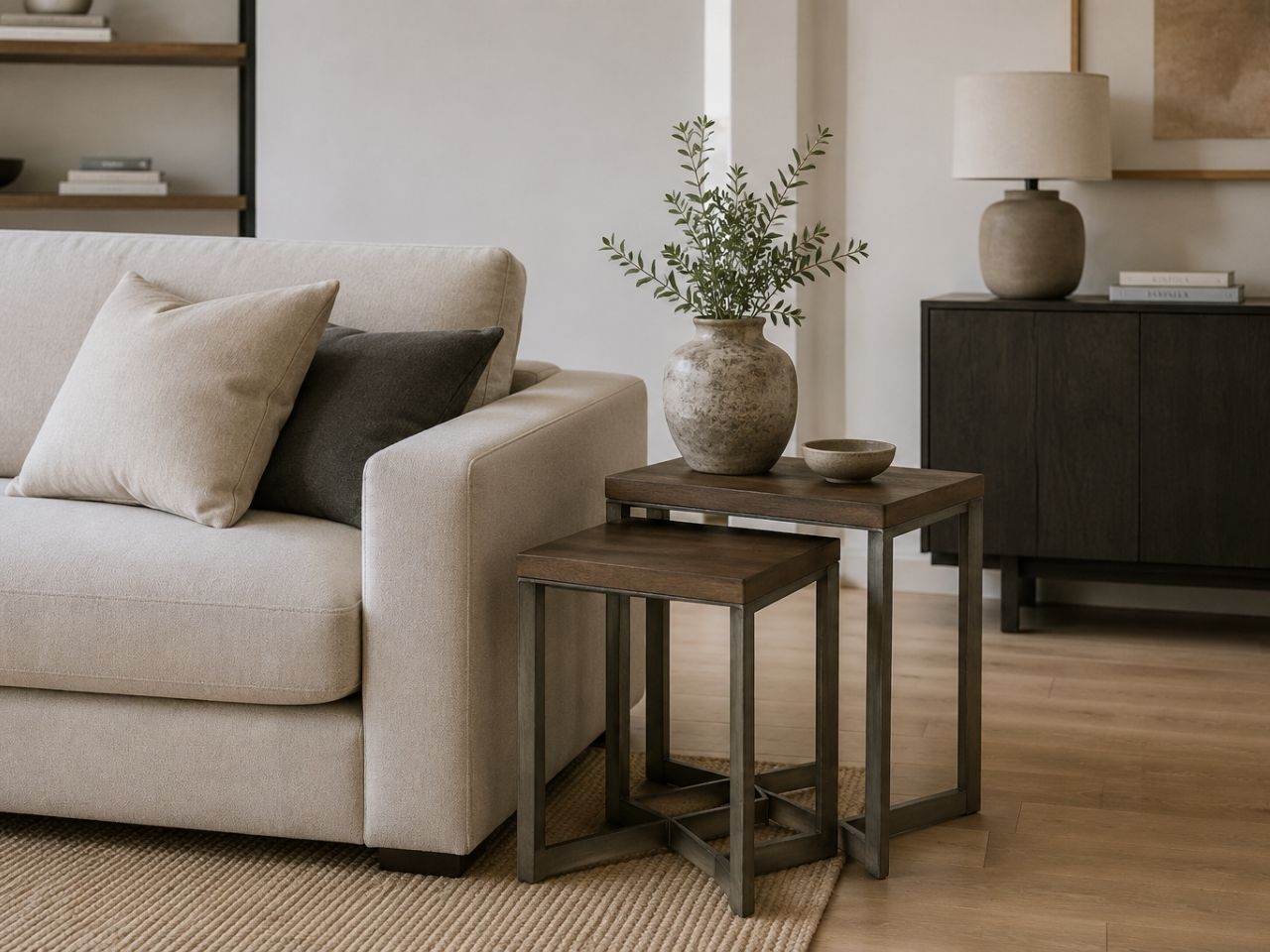 Nested wood and metal side tables beside a cream sofa in a modern living room.