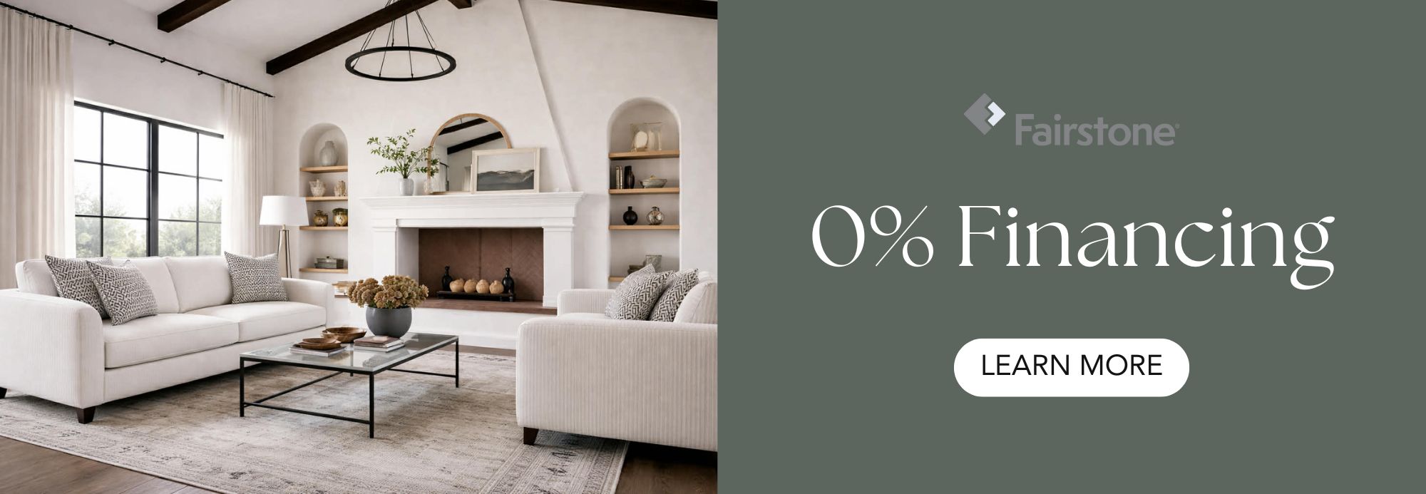 Living room with '0% Financing' offer from Fairstone