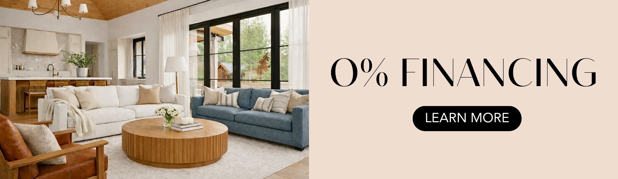 Modern living room with 'Fairstone 0% Financing' by Showhome Furniture