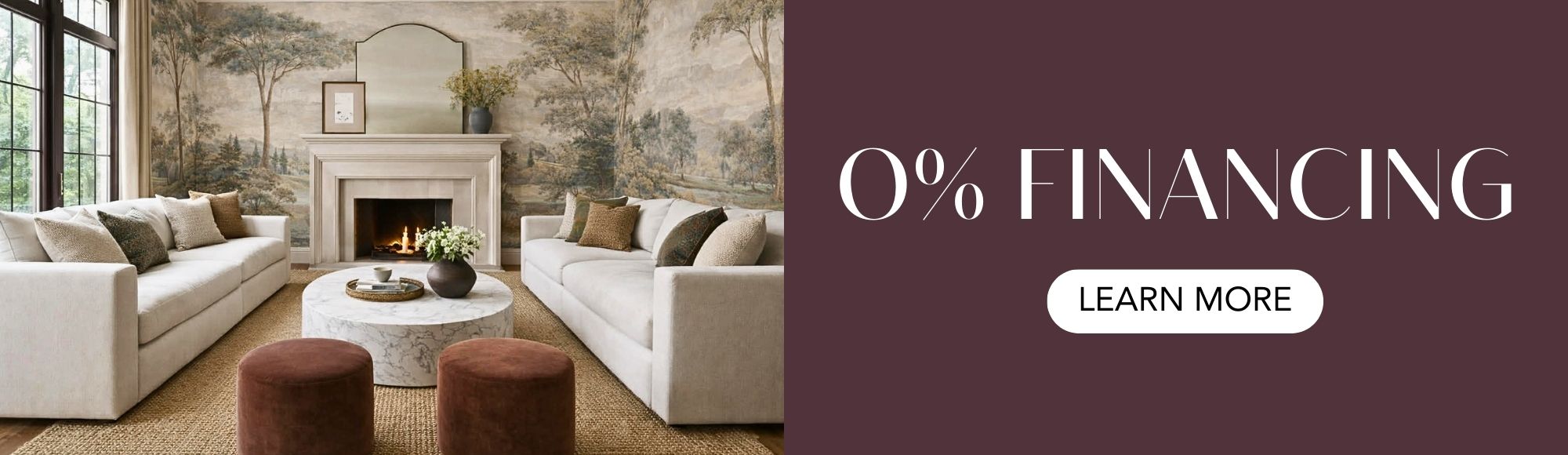 Modern living room with 'Fairstone 0% Financing' by Showhome Furniture