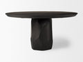 Dark wooden table with a unique base design on a white background