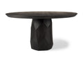 Modern black dining table with unique geometric base on a white background
