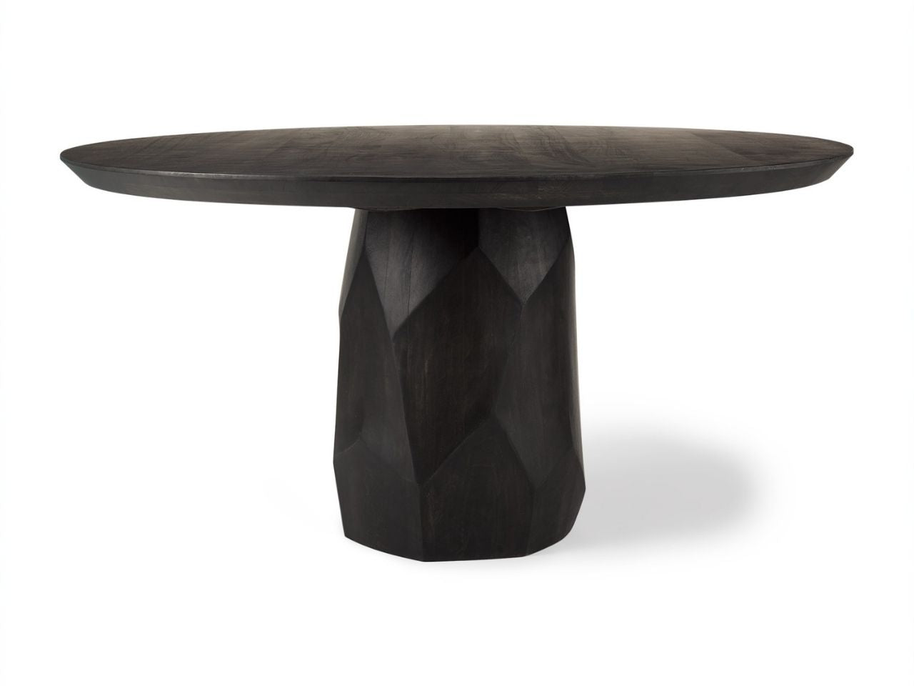 Modern black dining table with unique geometric base on a white background