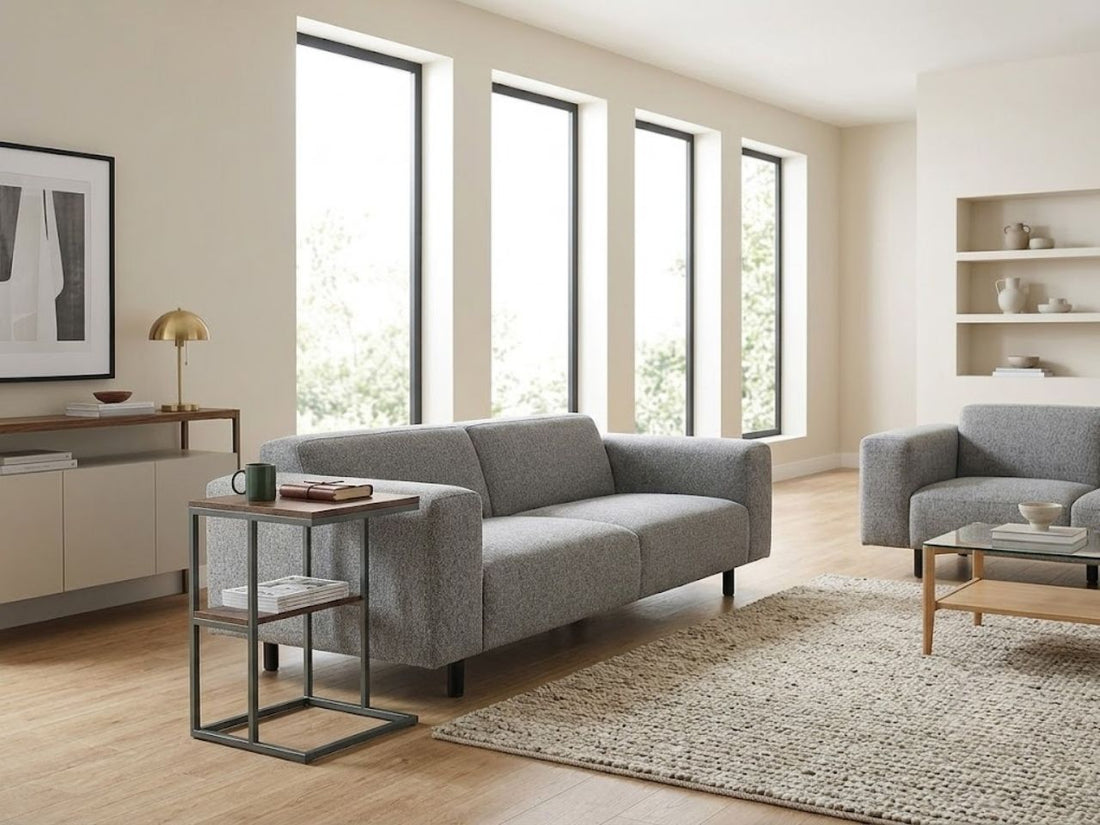 Modern accent table beside a gray sofa in a bright contemporary living room.