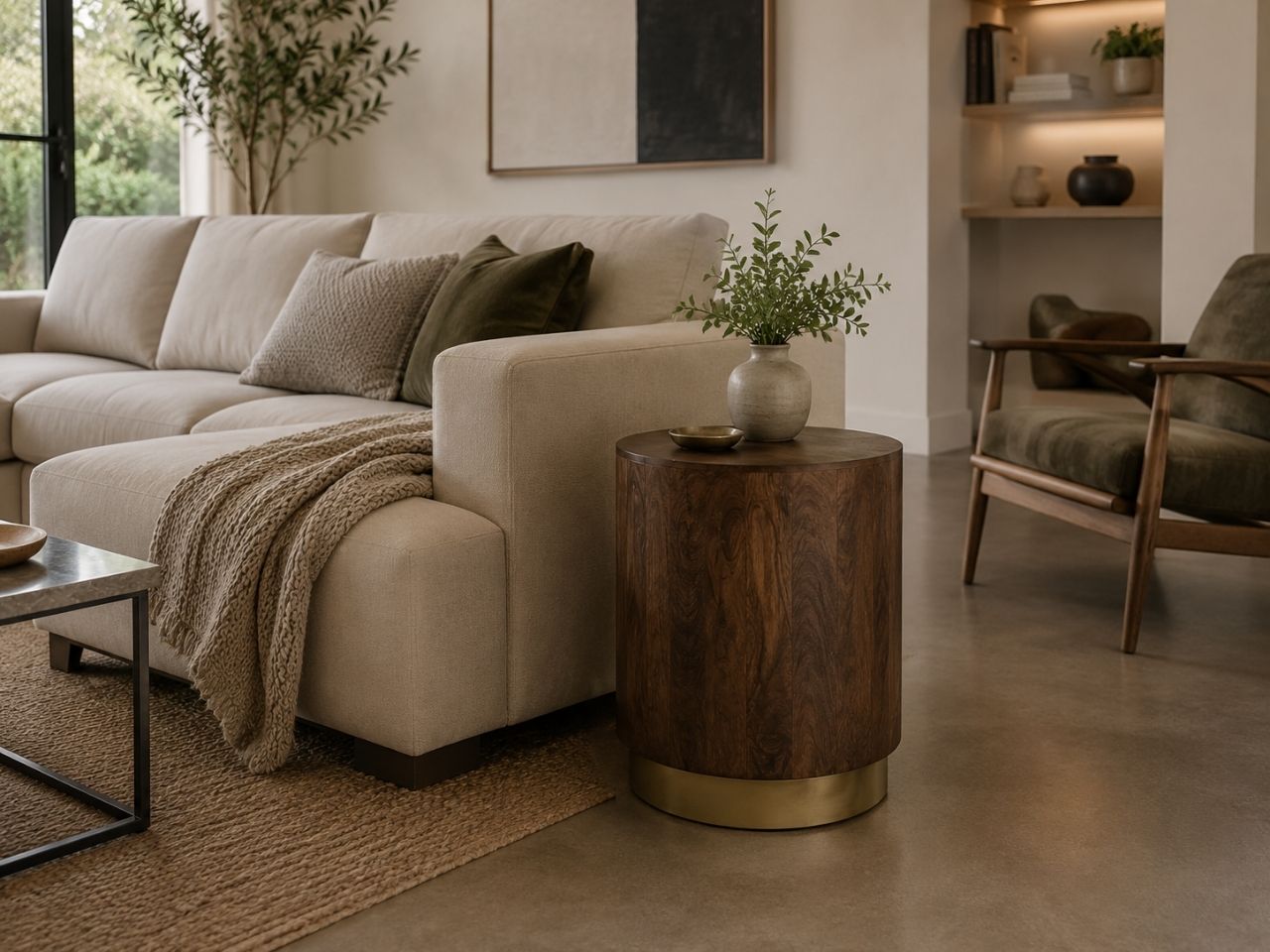 Solid round wood side table with a brass base styled beside a cream sofa in a cozy modern living room.