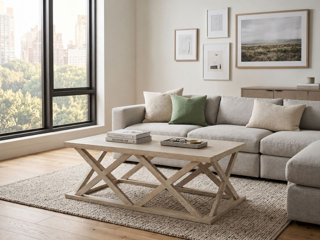 Blonde wood rectangular coffee table with an open geometric base, styled in a bright and modern living room.