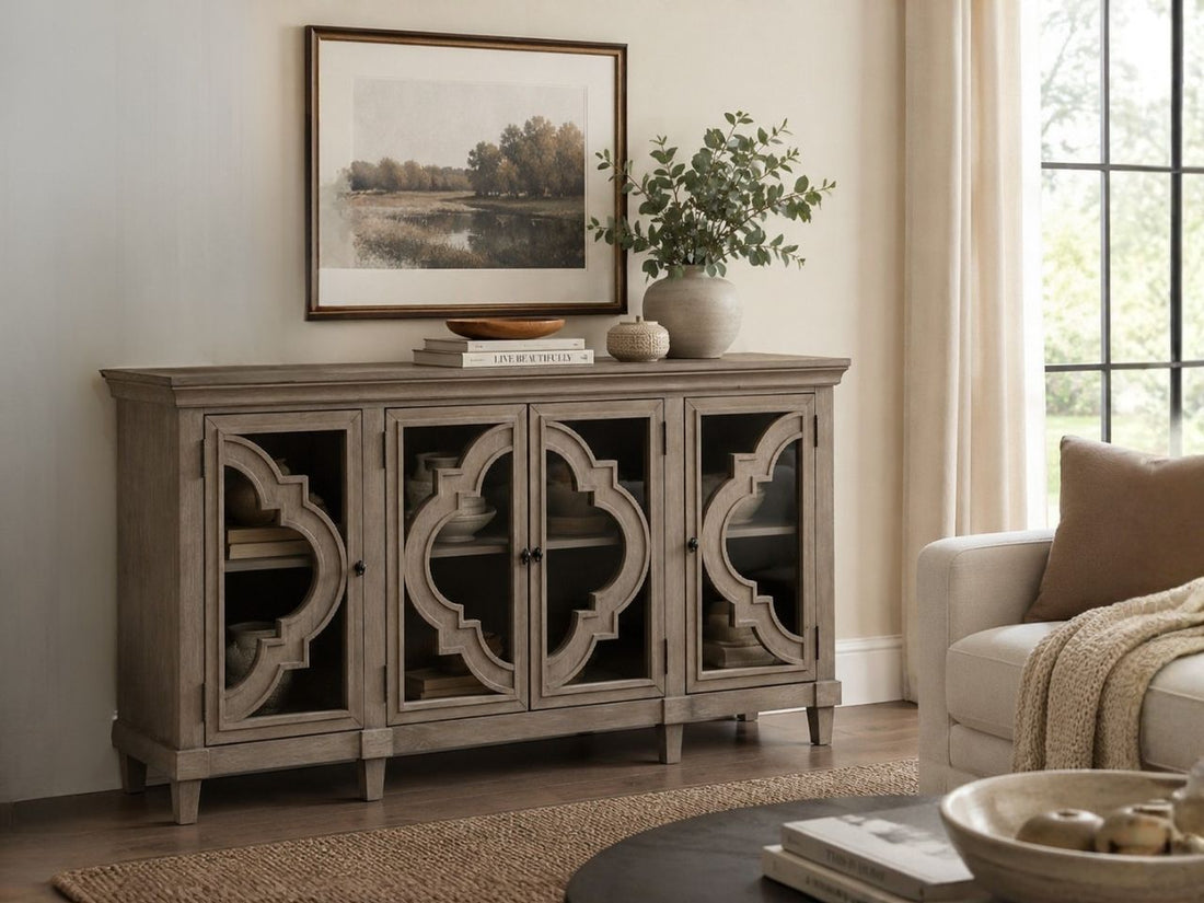 Elegant sideboard with decorative glass doors and timeless transitional styling.