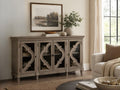 Elegant sideboard with decorative glass doors and timeless transitional styling.