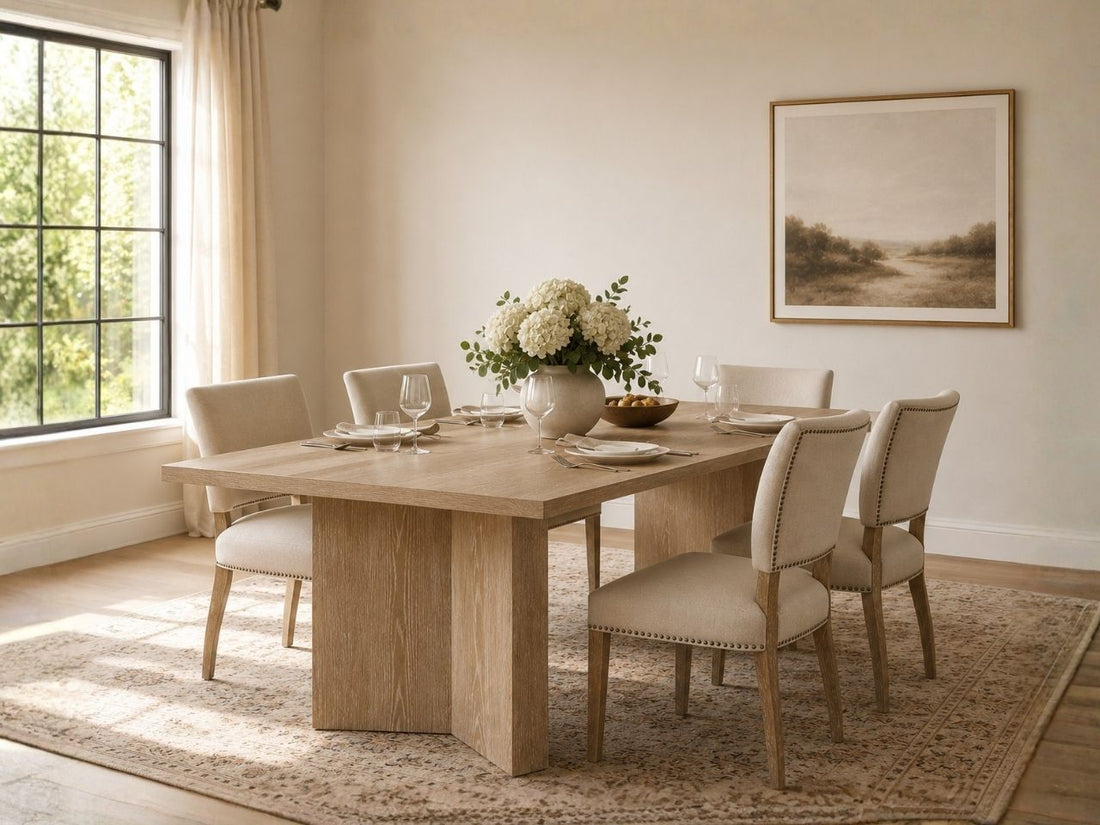 Dining table set with six chairs in a bright dining room.