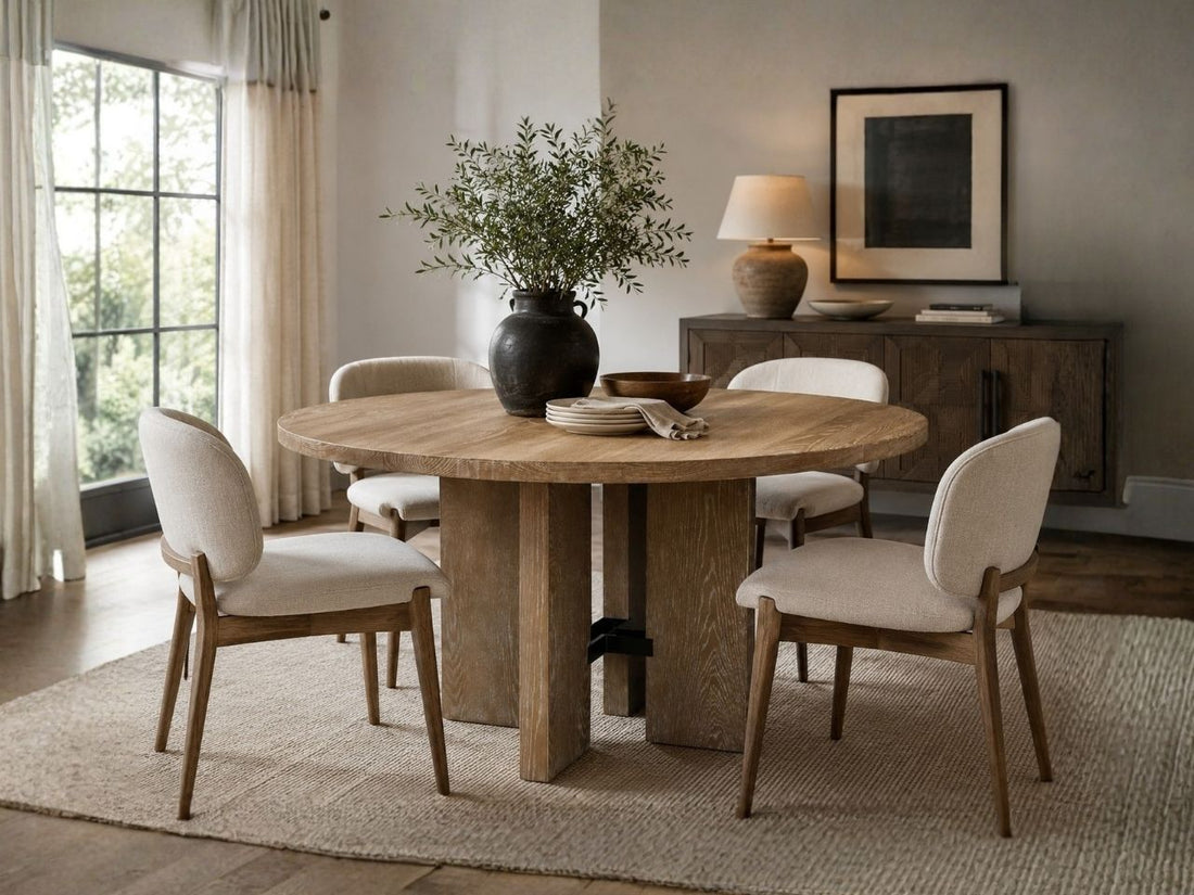 Round wood dining table with a sculptural pedestal base and four upholstered dining chairs in a contemporary dining room.