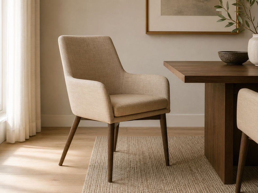 Fritz Beige Dining Armchair in a dining room setting. 