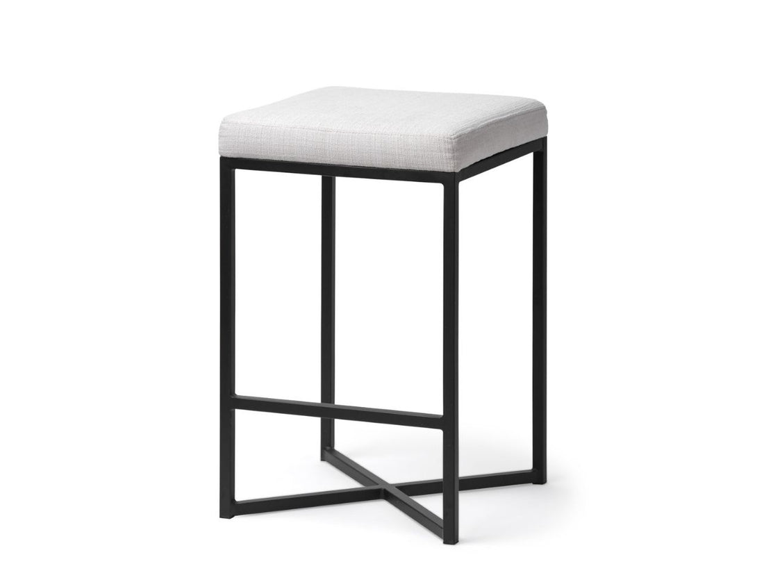 Frodo Upholstered Fabric Counter Stool with Black Iron Base in Calgary in a  white background 