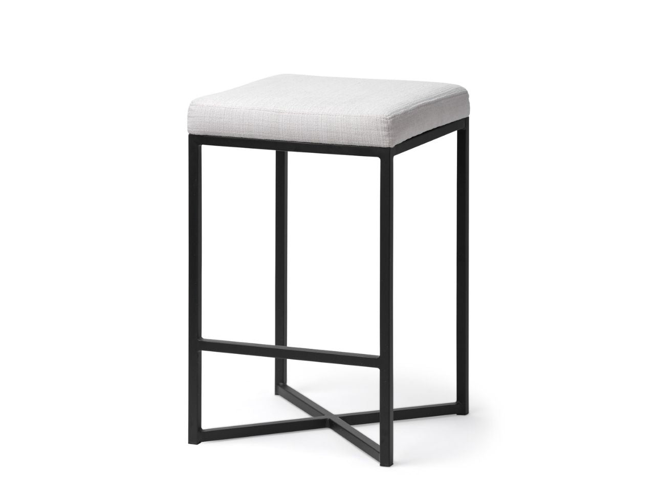 Frodo Upholstered Fabric Counter Stool with Black Iron Base in Calgary in a  white background 