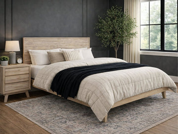 Gia Light Finish Solid wood Bed with white and black blanket. 
