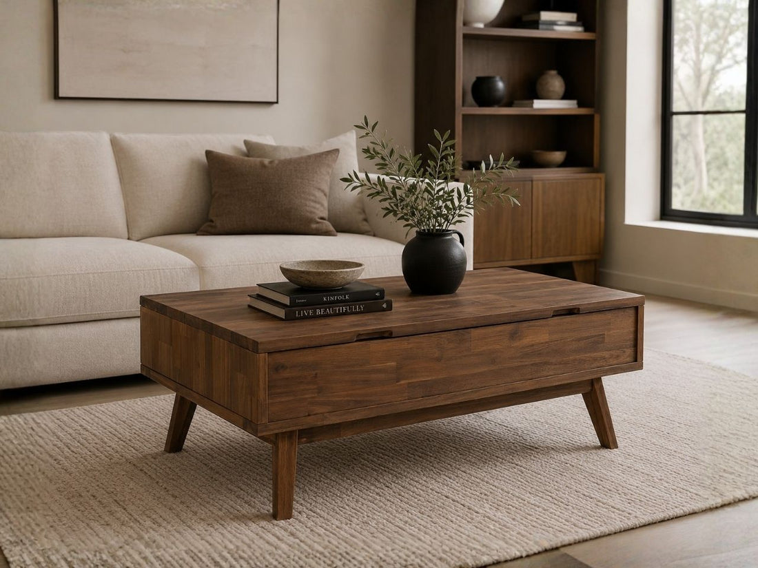 Mid-century modern coffee table with hidden storage and a rich walnut finish.