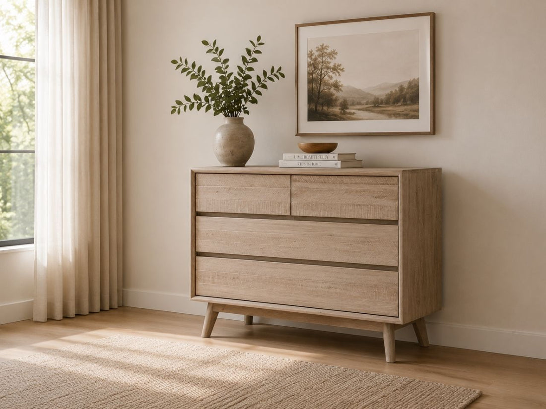 Light wood dresser with clean modern lines and spacious storage drawers.