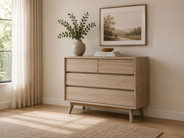 Light wood dresser with clean modern lines and spacious storage drawers.