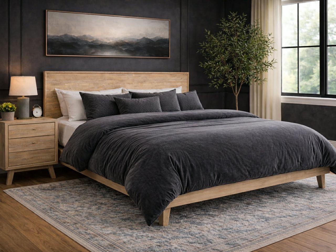 🇨🇦 Gia Bed - Light Finish Solid Wood with a dark grey blanket 