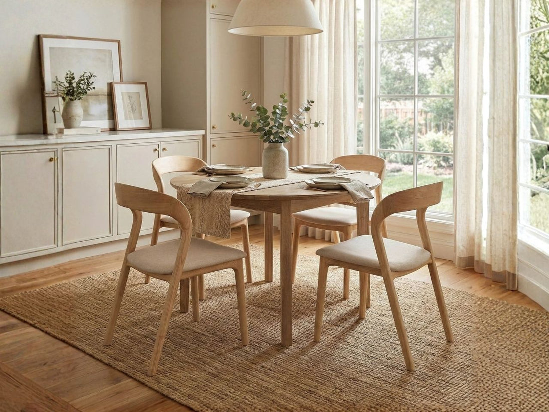 Round light wood dining table with chairs in a bright, cozy dining room.