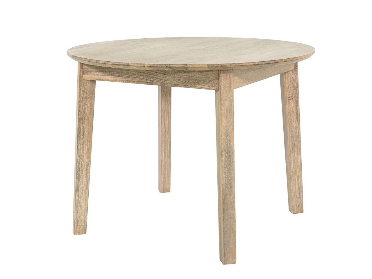 Round light wood dining table with four legs on white background.