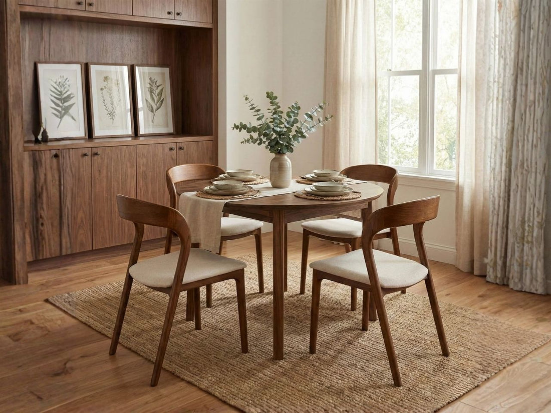 Round wooden dining table with chairs in a warm, modern dining room.