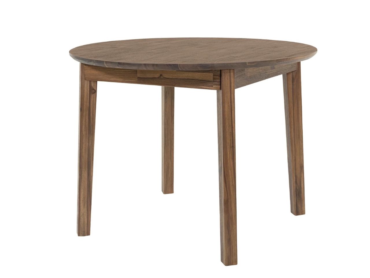 Round wooden dining table with four legs on white background.