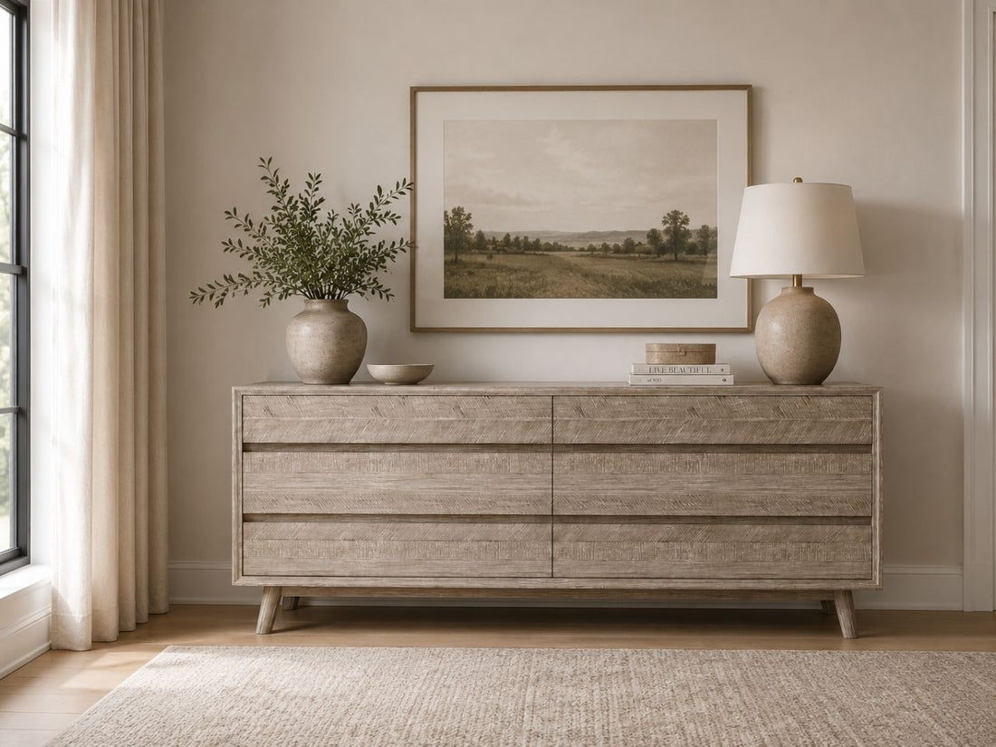 Modern rustic 6-drawer dresser with textured gray wood finish, clean lines, tapered legs, and minimalist contemporary styling.