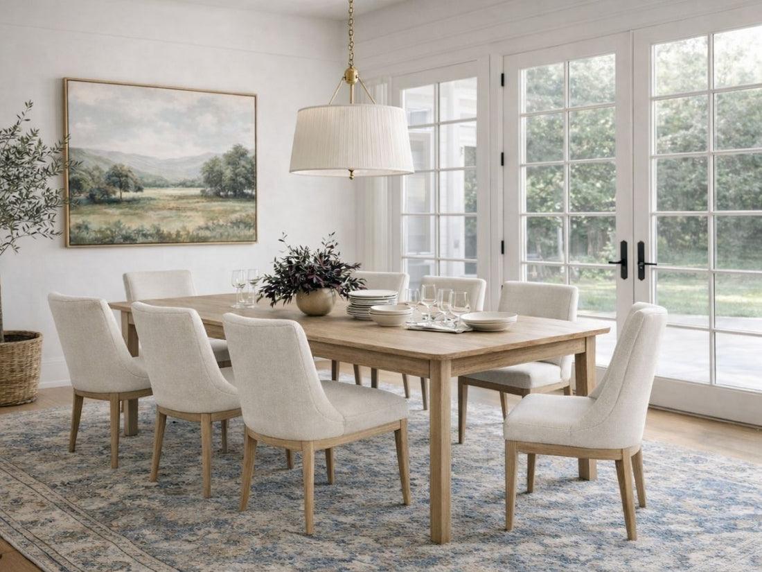 A light wood dining table with upholstered chairs in a bright, elegant dining room.