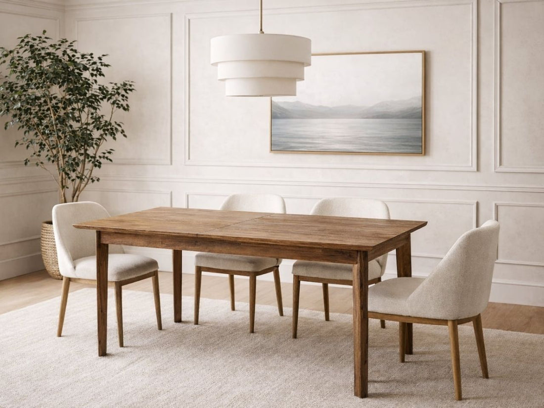 Small wood extension dining table with upholstered chairs in a bright dining room.