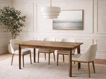 Small wood extension dining table with upholstered chairs in a bright dining room.