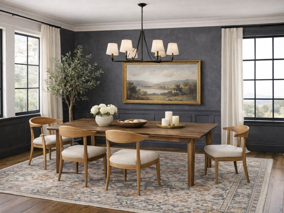 A warm wood dining table with matching chairs in a classic, moody dining room.