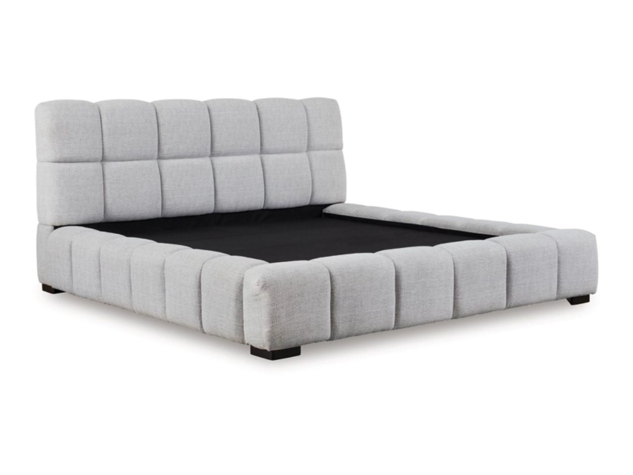 Light gray upholstered platform bed frame shown without a mattress.