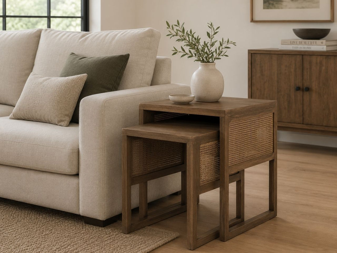 Nesting accent tables with warm wood frames and woven cane side panels, styled beside a cream sofa in a bright contemporary living room.