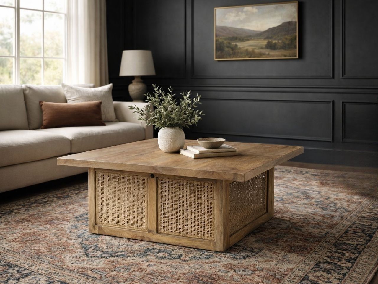 Light wood coffee table with woven cane panels, styled in a cozy living room with modern décor.