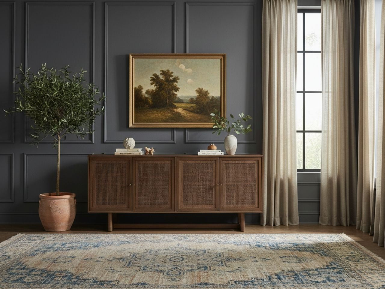 A long wooden sideboard with four doors featuring natural cane webbing inserts. It is set against a dark gray wall under a large gold-framed landscape painting.