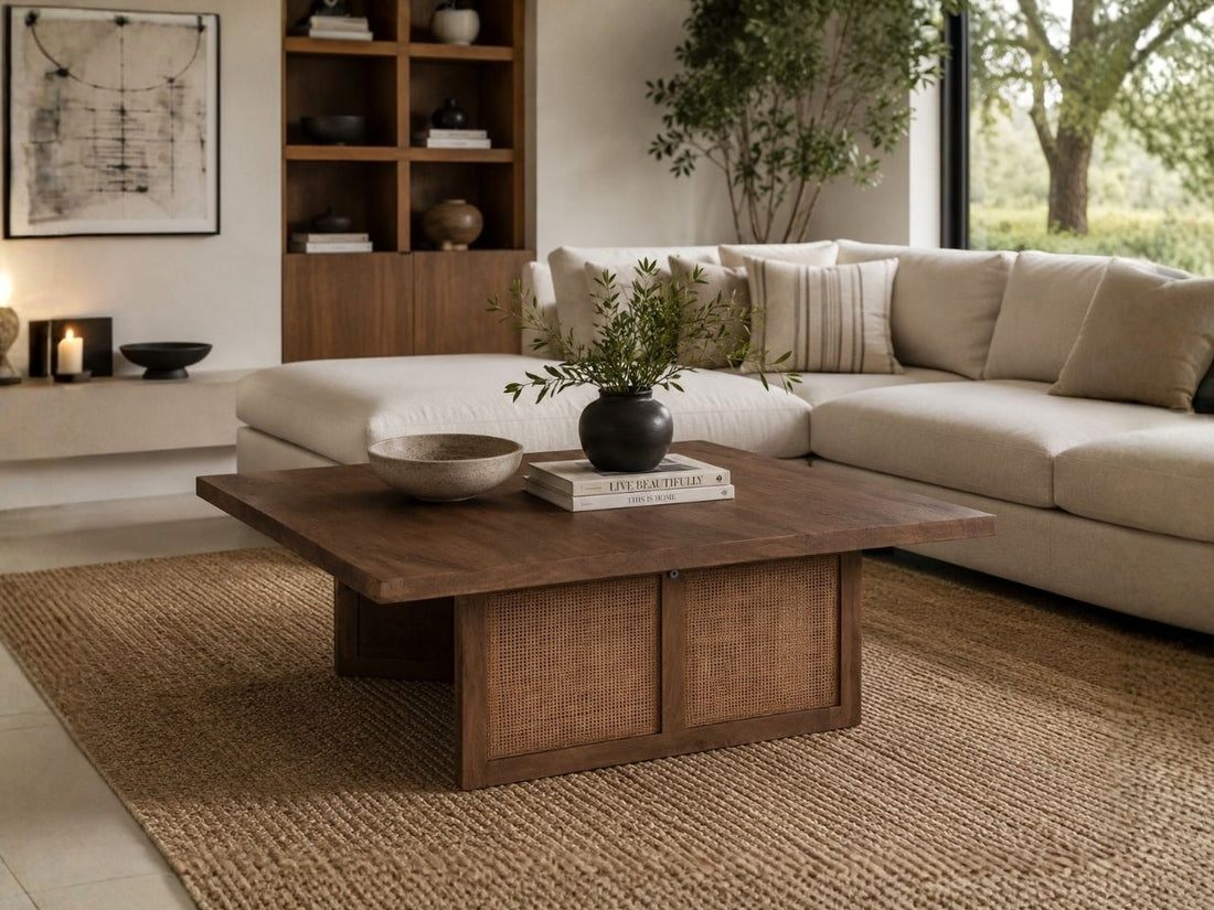 Square wood coffee table with cane panel details in a modern living room.