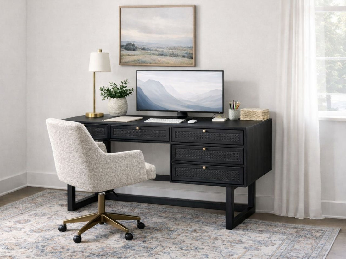 Wood office desk with rattan drawer fronts and storage in a home office.