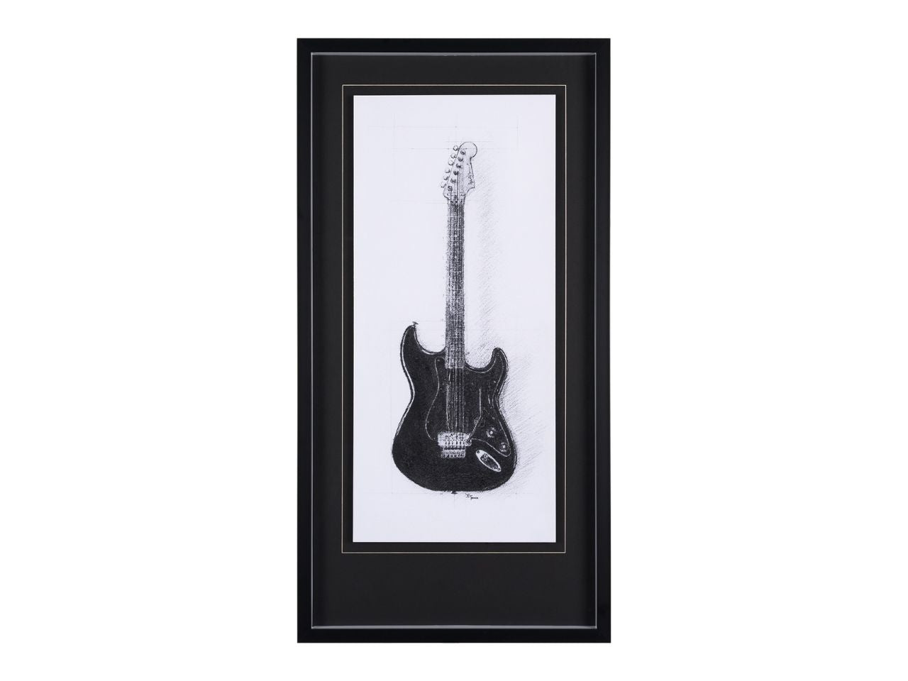 Hand-Embellished Guitar Framed Art Print Monochrome Matted Glass in Calgary in a white background 