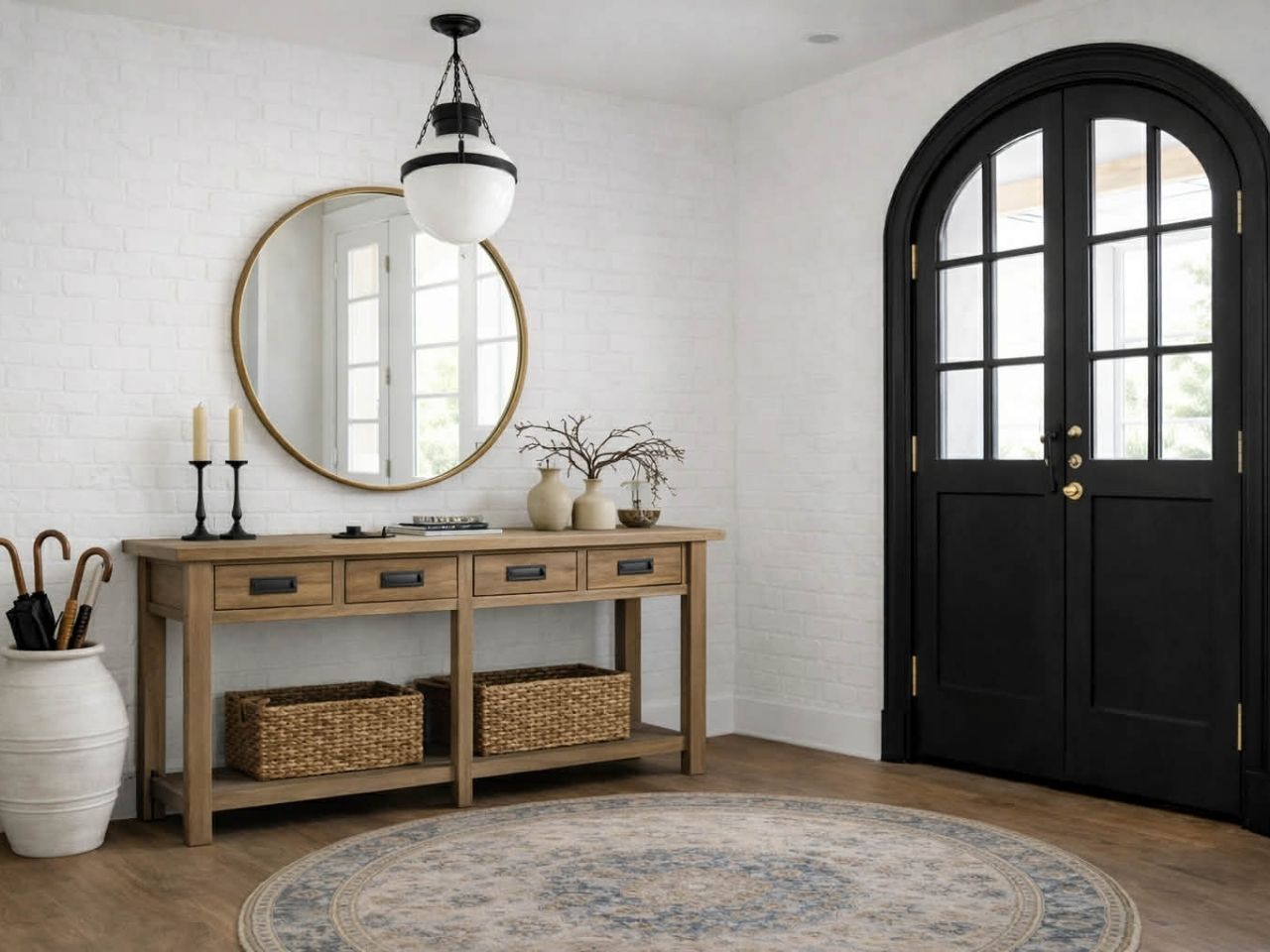 A rustic, four-drawer wooden console table with dark metal inset pulls, styled in a bright entryway featuring a white brick wall and a large black arched door. 