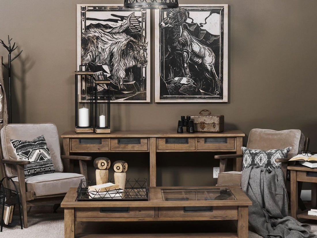 The Harrelson Console Table is a substantial, rectangular piece crafted from warm, medium-toned wood with visible grain and a rustic finish.