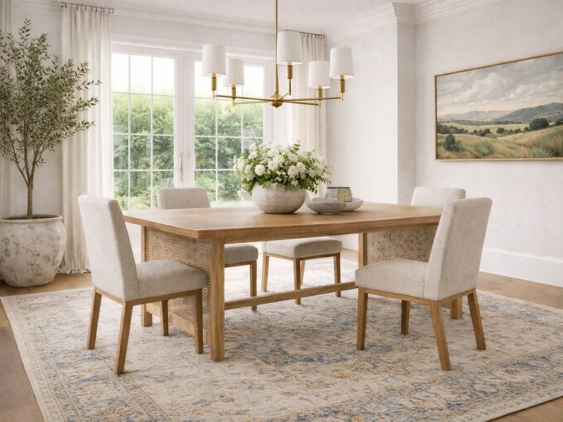 A light wood dining table with upholstered chairs in a bright, neutral dining room.