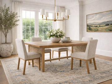 A light wood dining table with upholstered chairs in a bright, neutral dining room.